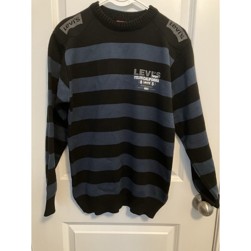 Levi's Sweater Boys XL Blue/Black Stripe Logo Crew Neck Fall Winter BTS